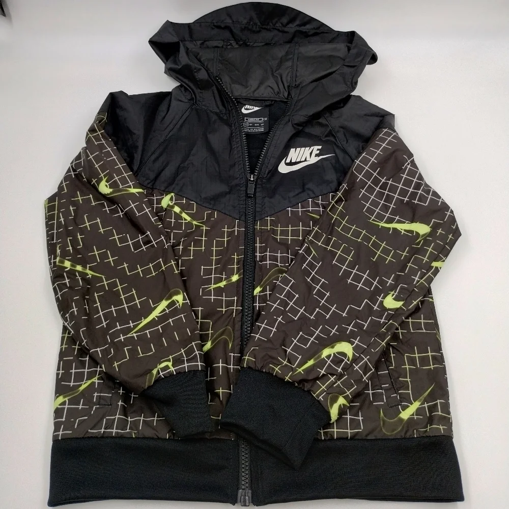 Nike Boys Jacket Size XS Black Lime Green zip up hooded Lightweight
